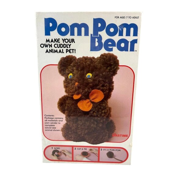 Vintage Pastime POM POM BEAR Craft Art Kit, Sealed Brown Orange Animal Cute 7+ - Picture 1 of 9
